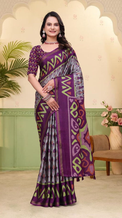 Purple & Grey Mal Cotton Printed Saree with Designer Blouse Piece