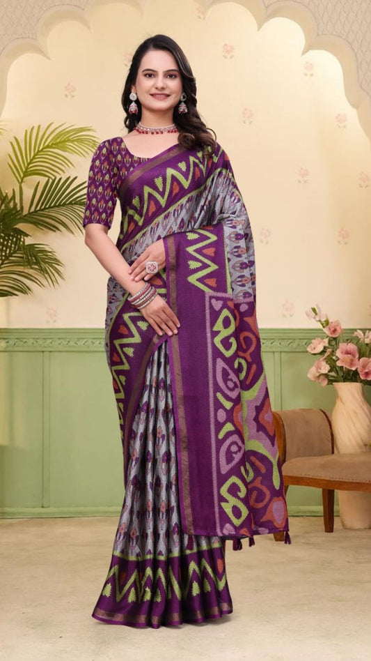 Purple & Grey Mal Cotton Printed Saree with Designer Blouse Piece