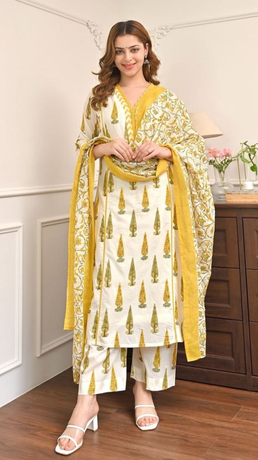 Ivory Cotton Kurta Set with Bagru Print & Mustard Dupatta