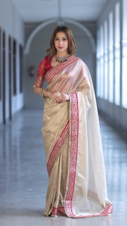 Banarasi Pure Soft Tissue Silk Saree in Radiant Gold & Crimson Red