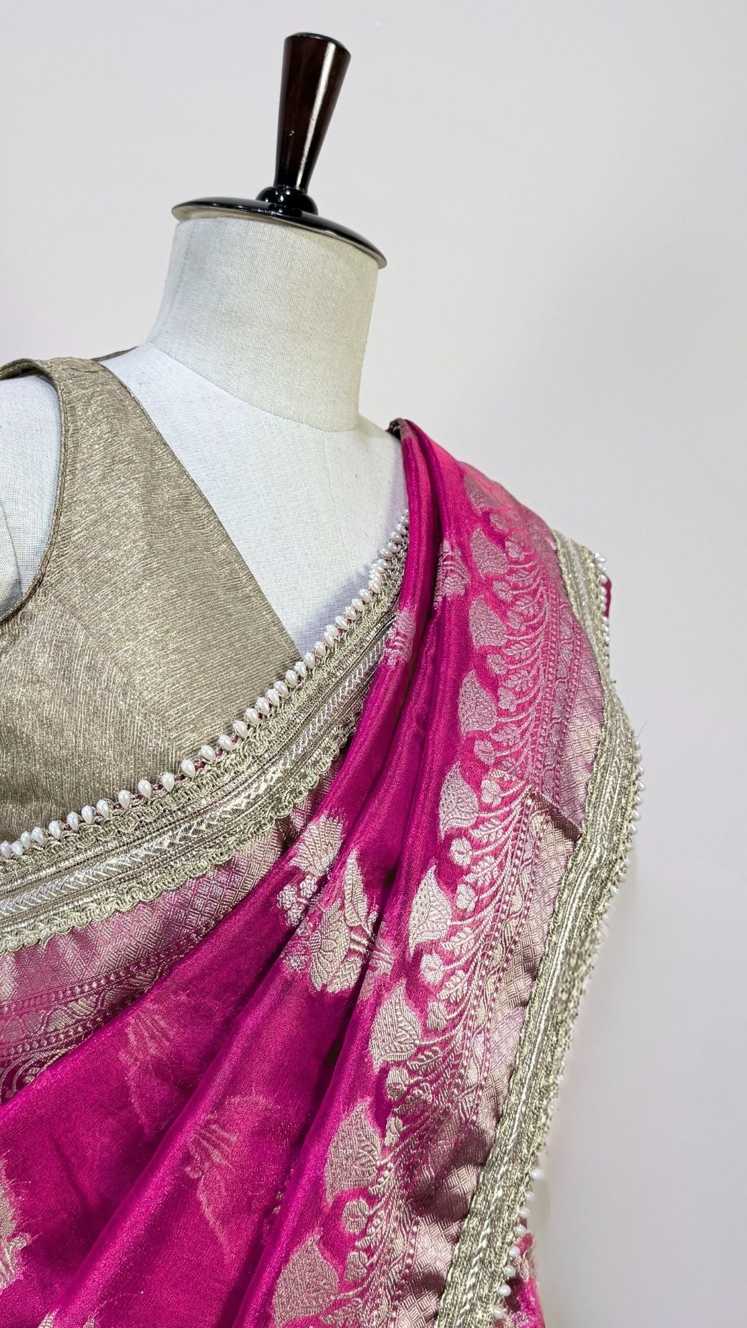 Rani Pink Tissue Saree with Moti Lace Border