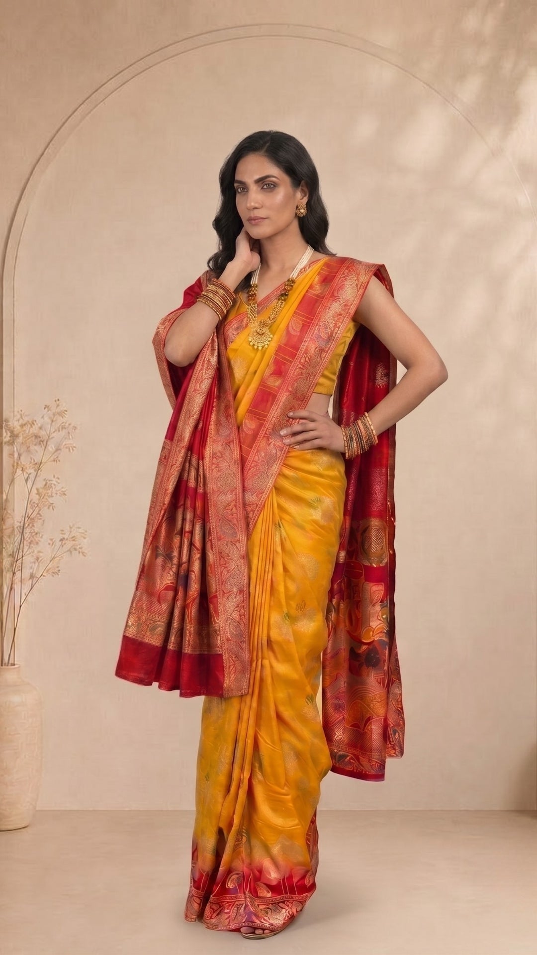Yellow & Red Banarasi Saree with Matching Dupatta
