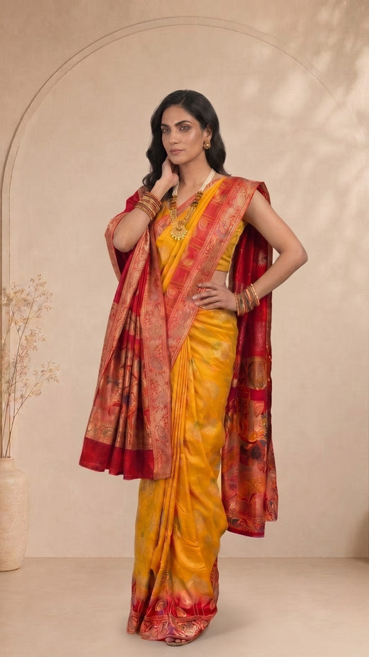 Yellow & Red Banarasi Saree with Matching Dupatta