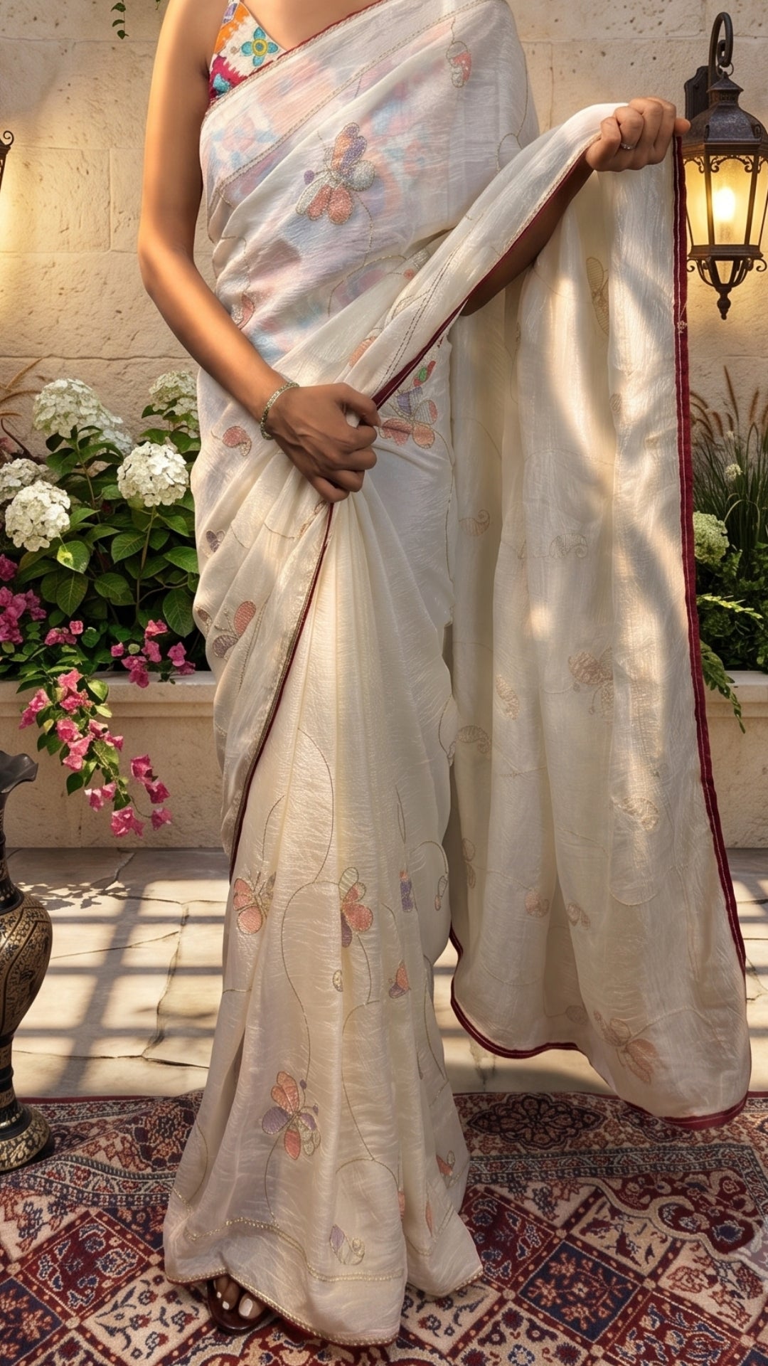 Elegant Ivory Floral Embroidered Saree with Contrast Border