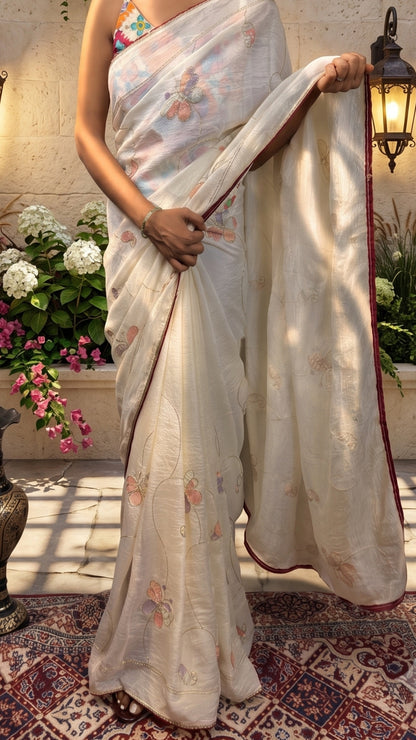 Elegant Ivory Floral Embroidered Saree with Contrast Border
