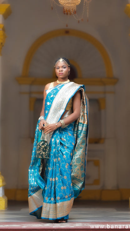 Light Blue Katan Silk Banarasi Saree with Silver Zari