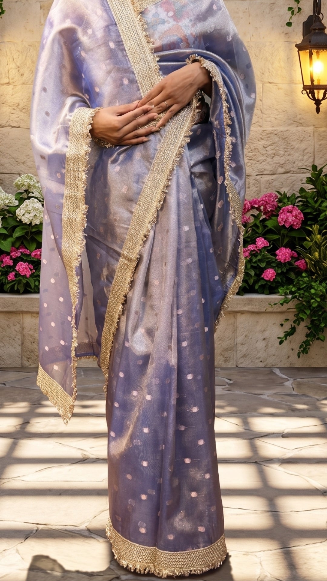 Lavender Tissue Silk Saree with Elegant Golden Lace Border