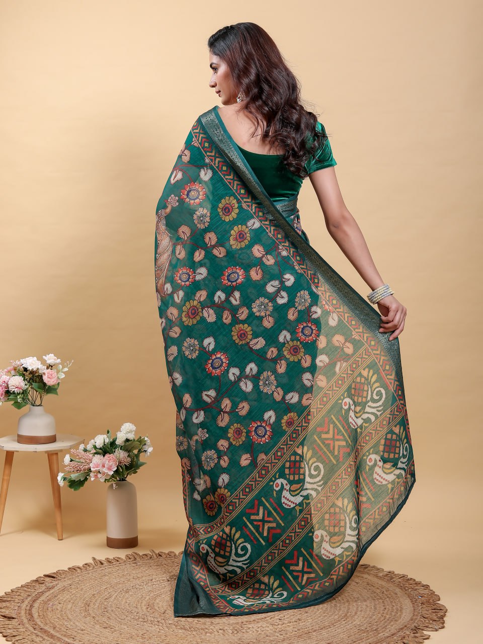 Elegant Forest Green Patola/Pochampally Print Saree with Zari Border