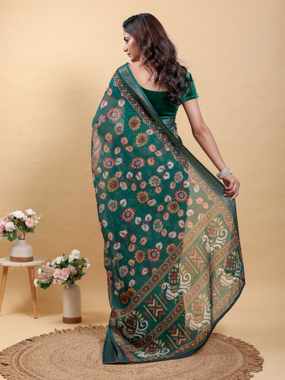 Elegant Forest Green Patola/Pochampally Print Saree with Zari Border