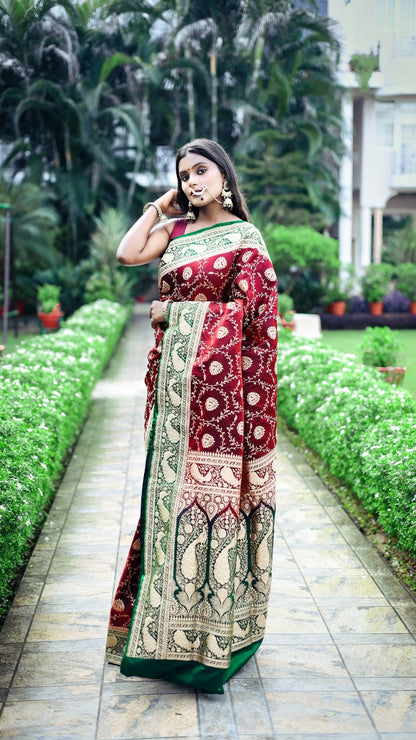 Maharani Wine Banarasi Saree with Emerald Green Woven Pallu