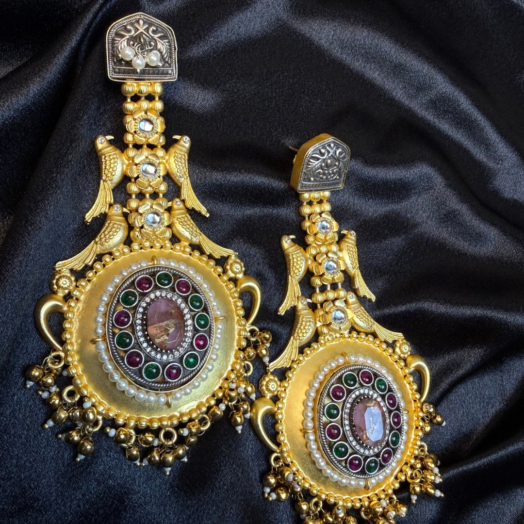 Antique Gold Bird Design Earrings for Women  Temple Jewellery Long Earrings kashmiri jhumka