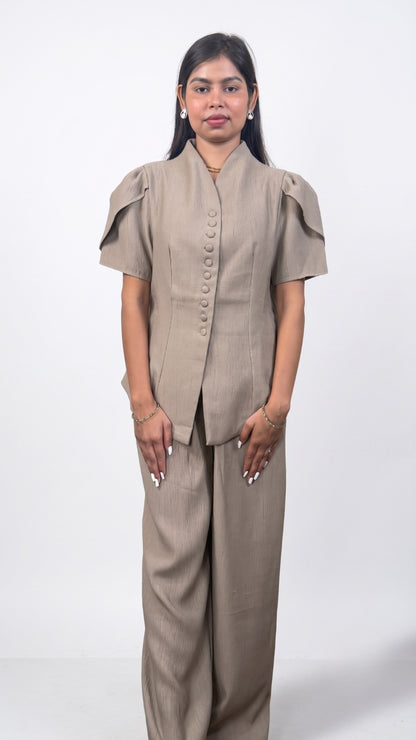 Banarashe Chic Warm Grey Button-Front Co-Ord Set with Tulip Sleeves