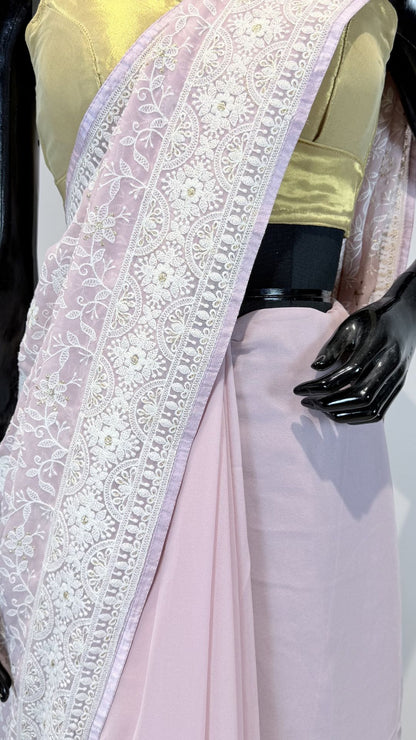 Blush Pink Semi Chikankari Saree for Women with Floral Embroidery