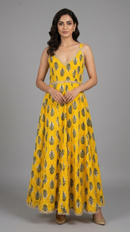 Banarashe Women’s Vibrant Yellow Botanical Print Flared Maxi Dress