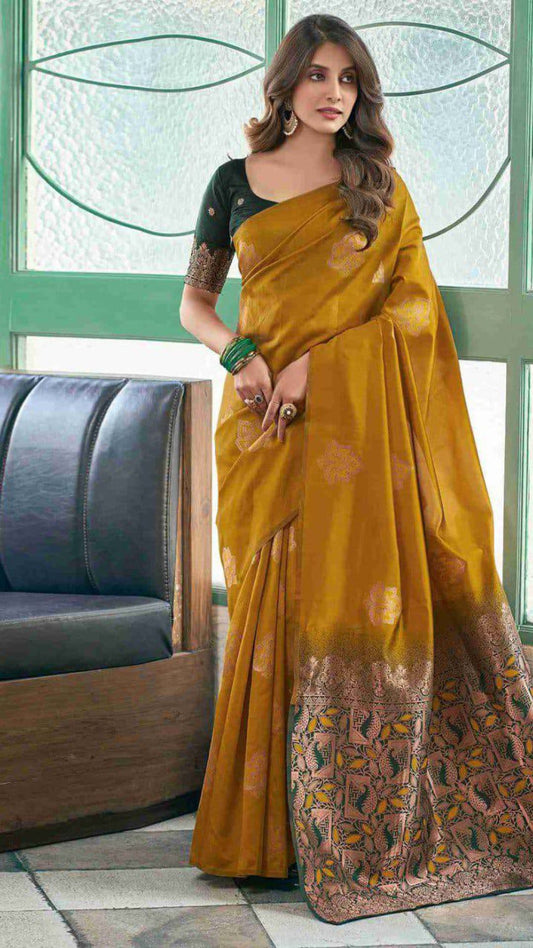 Mustard Yellow Soft Lichi Silk Saree with Rich Jacquard Pallu & Contrast Blouse