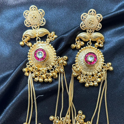 Banarashe Floral Cascade Earrings  Red Gemstone Temple Danglers