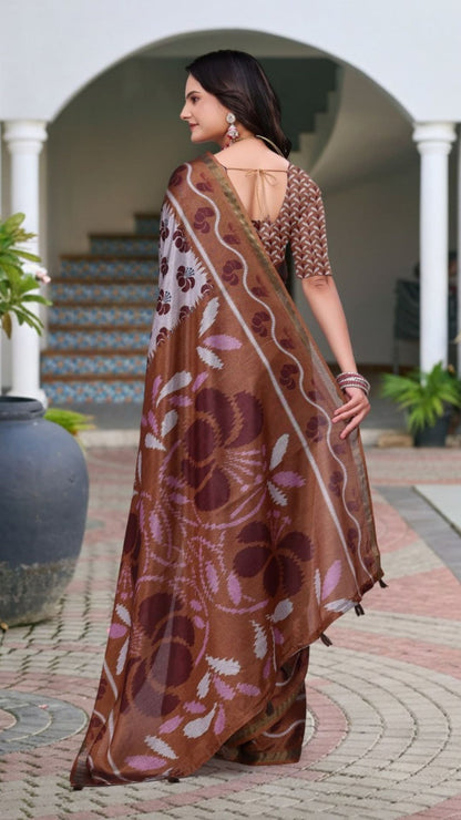 Elegant Grey & Brown Mal Cotton Saree with Woven Floral Design & Rich Pallu