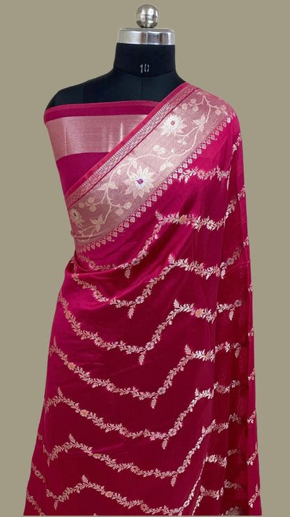 Rani Pink Semi Chiffon Banarasi Saree with Meenakari Zari Border