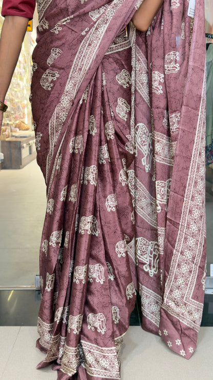 The Royal Mauve Plum Saree – Traditional Elephant Motif Soft Silk