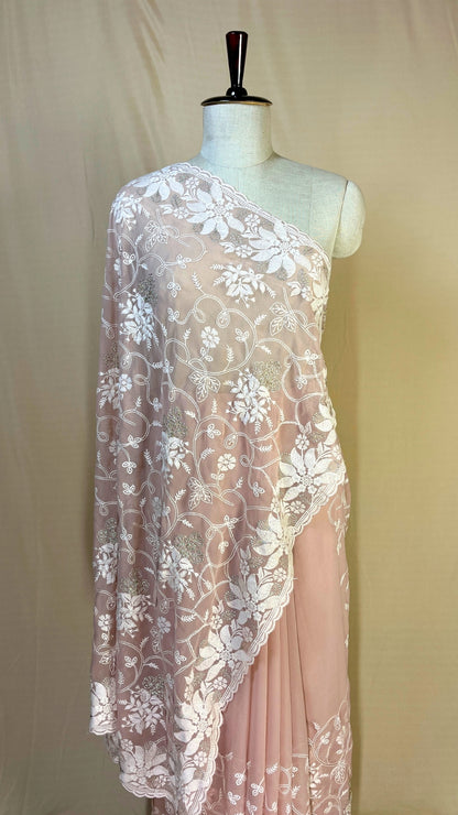 Elegant light pink chikankari Saree with White Floral Embroidery