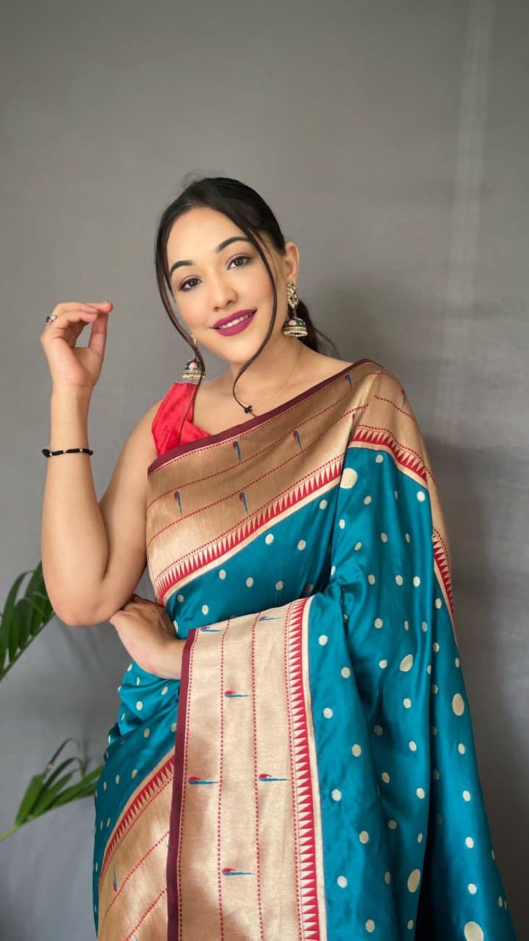 Teal Blue & Gold Polka Paithani Soft Silk Saree with Rich Woven Pallu & Tassels