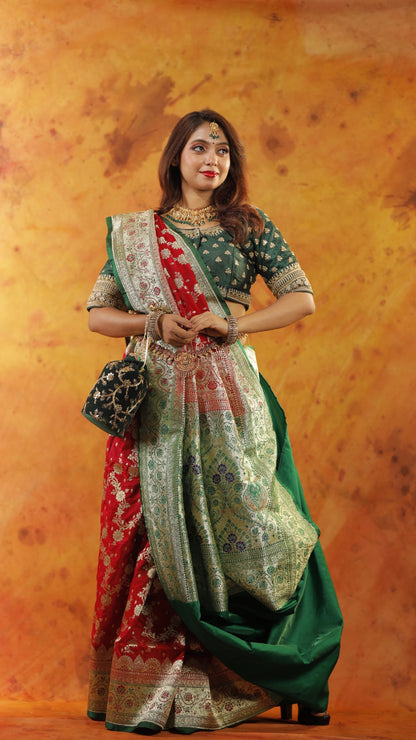 Red with Green Border Zari Work Handloom Katan Pure Silk Saree