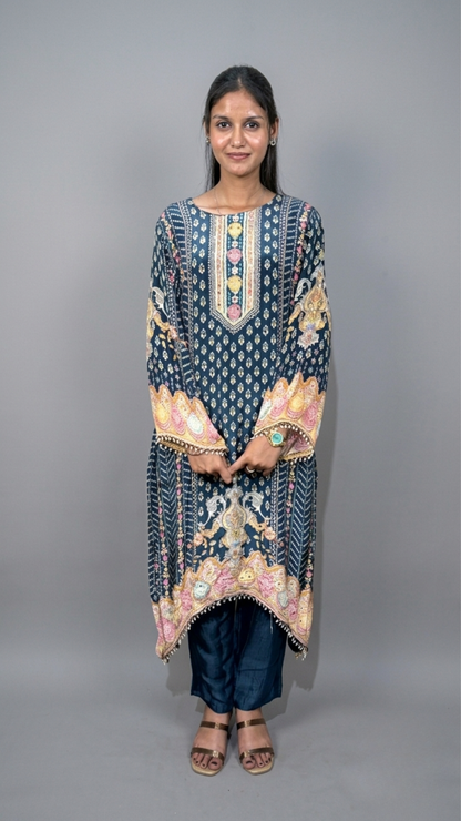 Navy Blue Embroidered High-Low Kurta Set with Tassel Detailing by BanaraShe