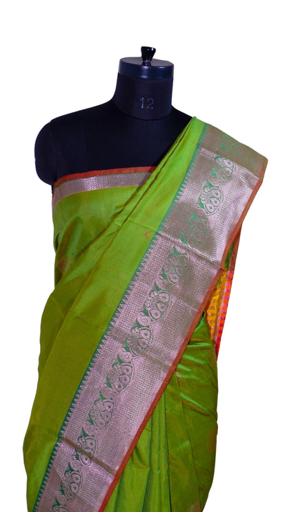 Green with Silver Border Contrast Banarasi Silk Saree