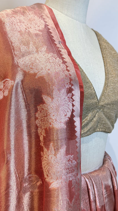 Dusty Rose Cotton Tissue Saree with Floral Buti Design