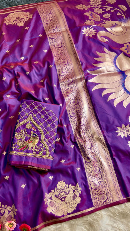 Royal Wine Paithani Silk Saree with Peacock Motifs & Aari Work Blouse