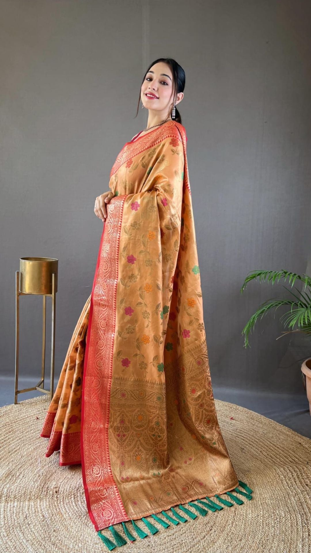 Gold Organza Tissue Silk Saree with Red Zari Border & Brocade Pallu