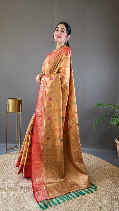 Gold Organza Tissue Silk Saree with Red Zari Border & Brocade Pallu