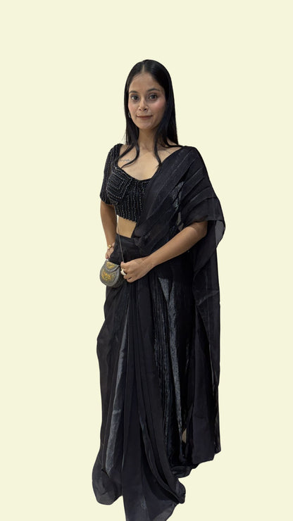 Black Designer Draped Saree with Embellished Blouse