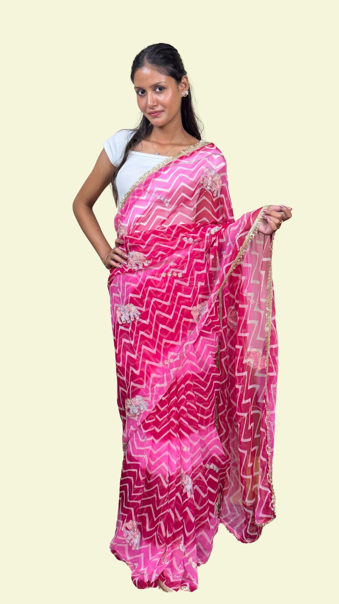Hot Pink Printed Embellished Chiffon Saree