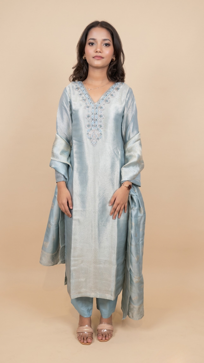 Premium Ice Blue Shimmer Embroidered Straight Kurta With Pant & Dupatta Set