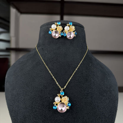Pastel Blossom Gold-Plated Pendant Set with Earrings