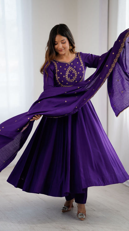 Purple Chanderi Silk Anarkali Suit with Dupatta for Women