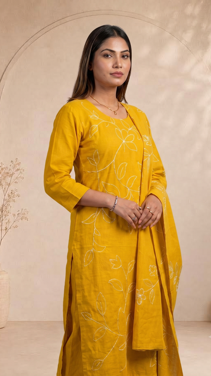 Banarashe Mustard Embroidered Silk Blend Straight Suit Set With Dupatta