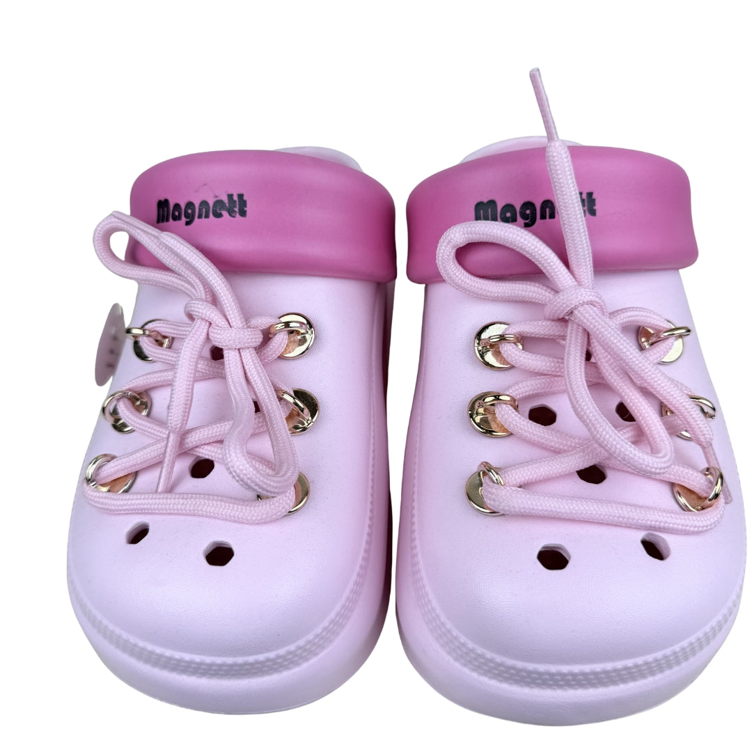 Magnett Women's Chunky Platform Pink Clogs with Decorative Laces