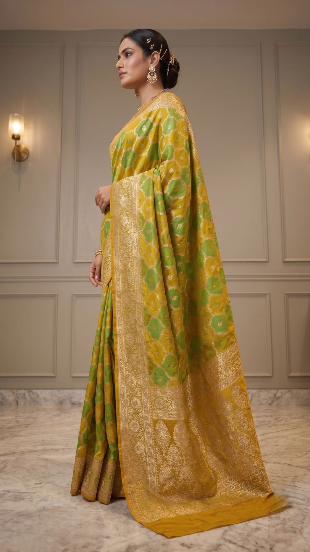 Banarashe Green & Mustard Yellow Mashru Silk Saree with Intricate Floral Woven Motifs & Rich Zari Border