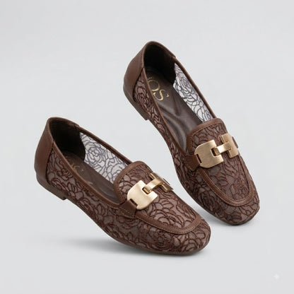 Handcrafted Brown Jacquard Flat Slip-On Shoes with Gold Buckle