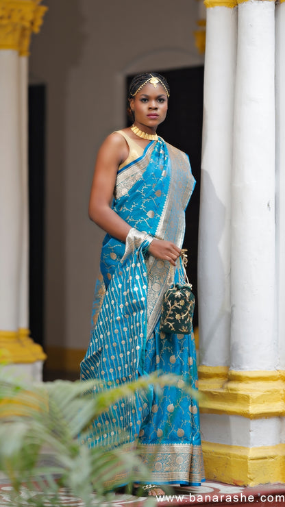 Light Blue Katan Silk Banarasi Saree with Silver Zari