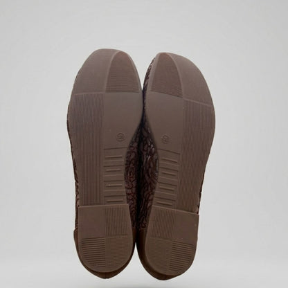 Handcrafted Brown Jacquard Flat Slip-On Shoes with Gold Buckle
