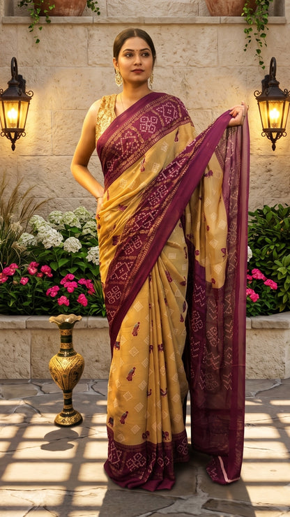 Banarashe Mustard Yellow & Wine Bandhani Saree with Printed Border