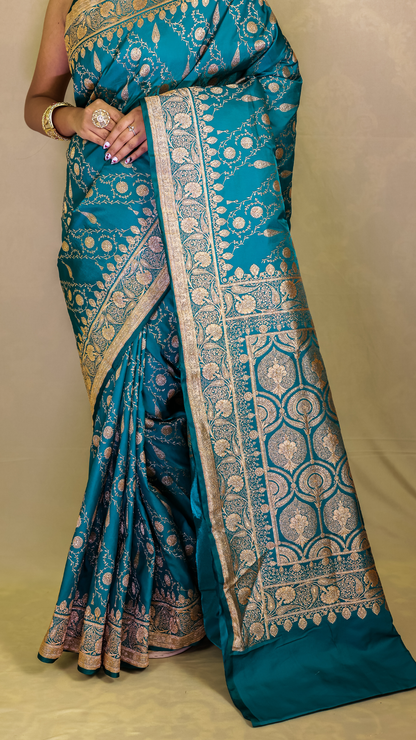 Peacock Teal Banarasi Silk Saree with Antique Zari Weave