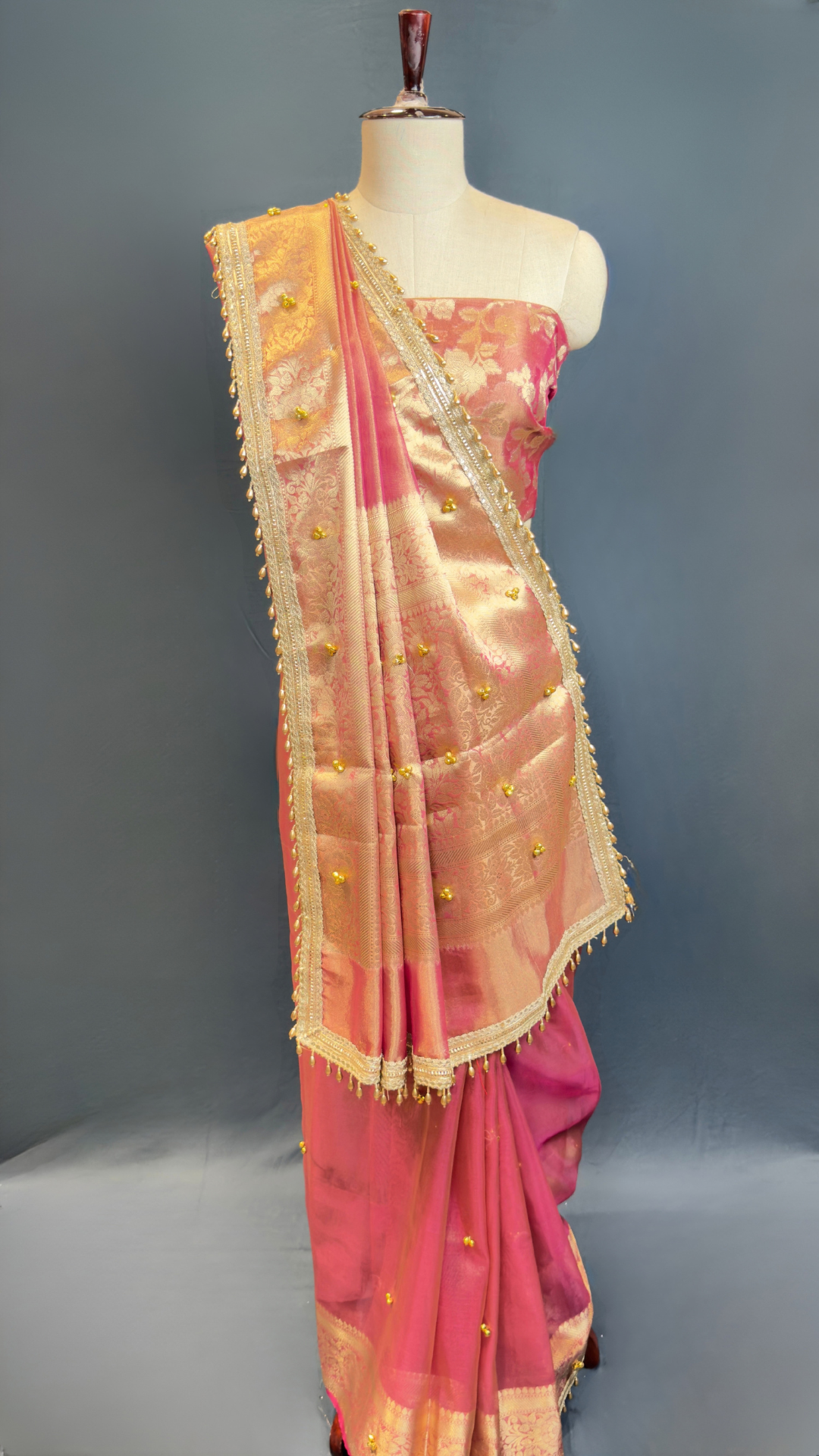 Pink Ghungroo Handcrafted Tissue Silk Saree