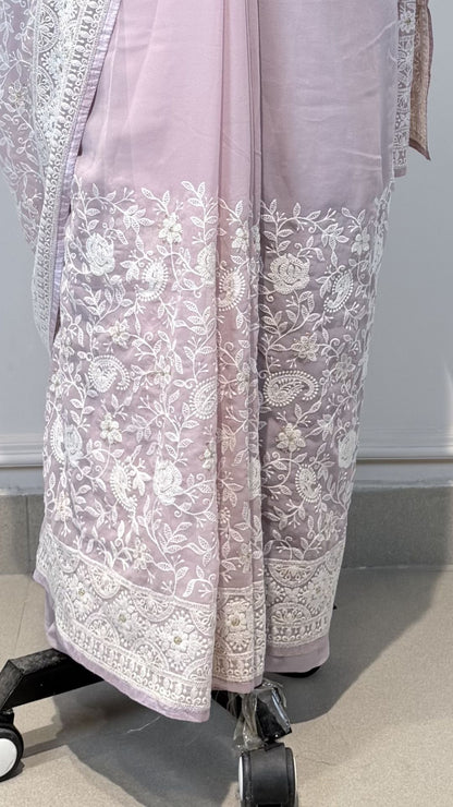 Blush Pink Semi Chikankari Saree for Women with Floral Embroidery