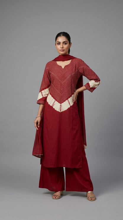 Banarashe Women’s Maroon Printed Straight Kurta with Wide-Leg Palazzo & Matching Draped Dupatta Set