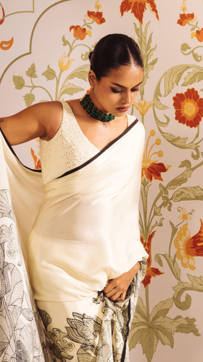Ivory Digital Print Original Japan Satin Saree with Digital Print Blouse