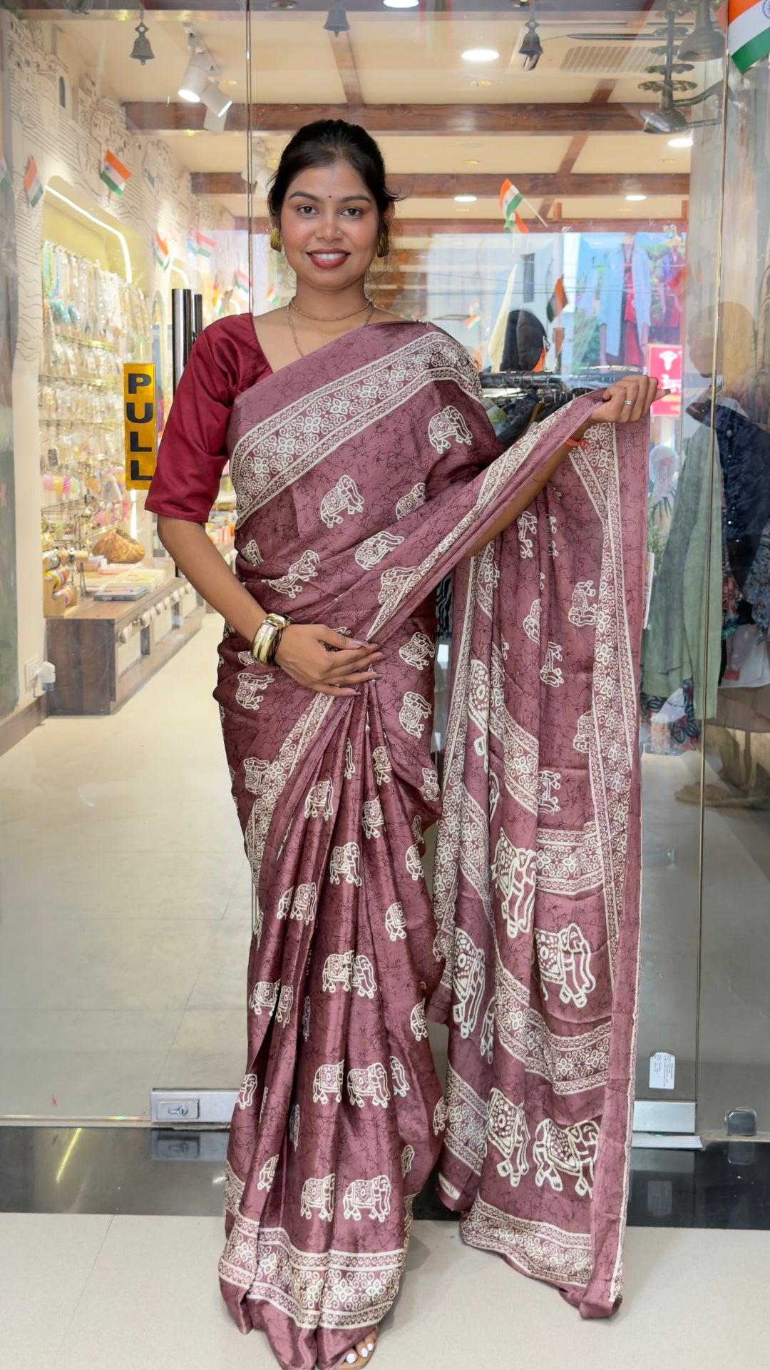 The Royal Mauve Plum Saree – Traditional Elephant Motif Soft Silk